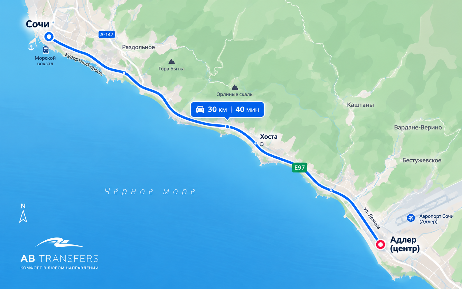 Схема маршрута Сочи — Адлер (центр)